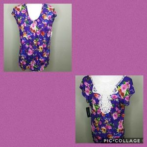 Floral Print Tunic Top with Ecru Lace Back Insert  - L - NWT